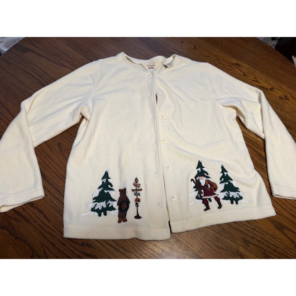 Bechamel Christmas Cardigan Sweater Cream Fleece‎ Santa Bear Embroidered Medium